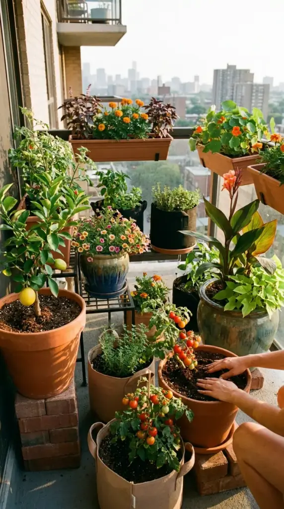 Small space garden help featuring a person tending to a lush balcony container garden with tomato plants and a lemon tree.