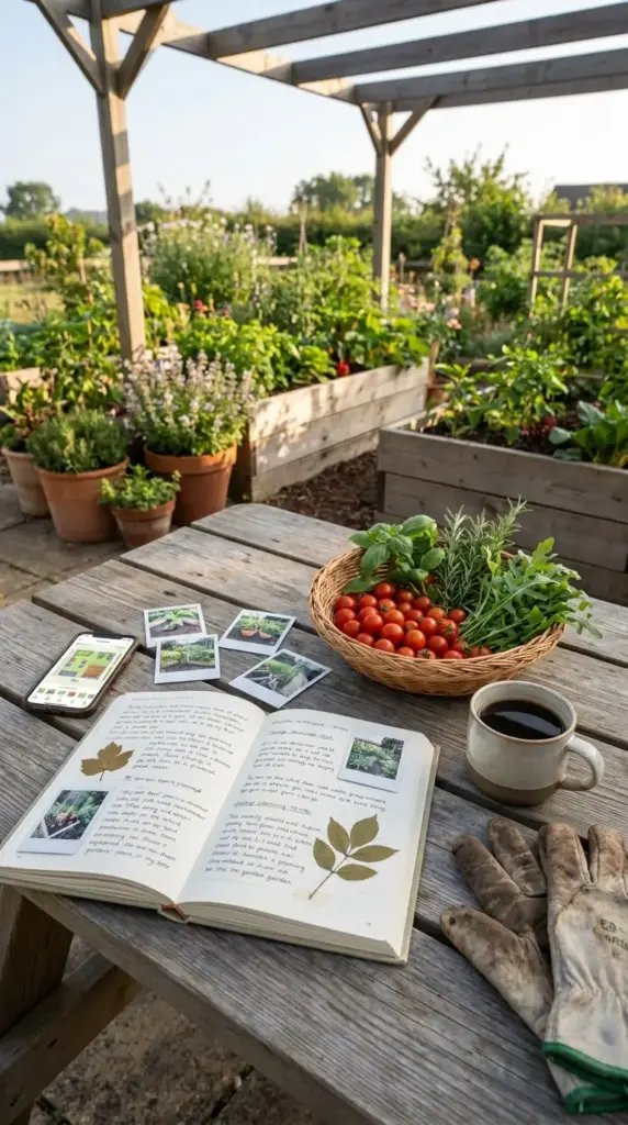 Documenting a mini farm for HOA neighborhoods showing a garden journal, fresh harvest, and raised beds in a professional backyard layout.