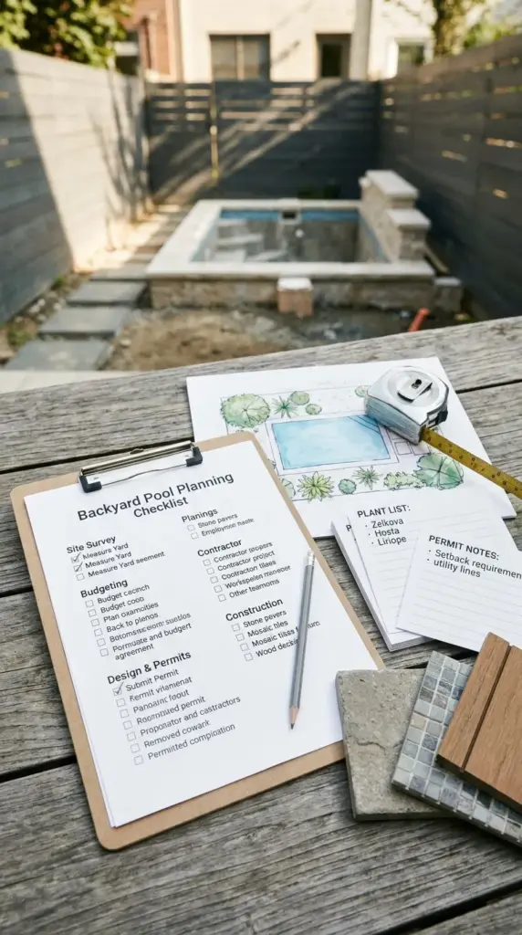 Final planning checklist for building a small space natural pool in an urban garden under 500 sq ft
