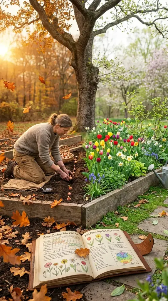 Seasonal garden help for autumn planting showing a woman planting flower bulbs next to a gardening journal with a spring bloom preview.