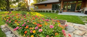 Vibrant heat-tolerant zinnias blooming in a beautifully landscaped summer garden bed.