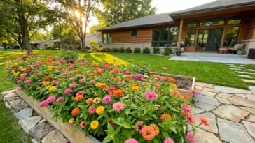 Vibrant heat-tolerant zinnias blooming in a beautifully landscaped summer garden bed.