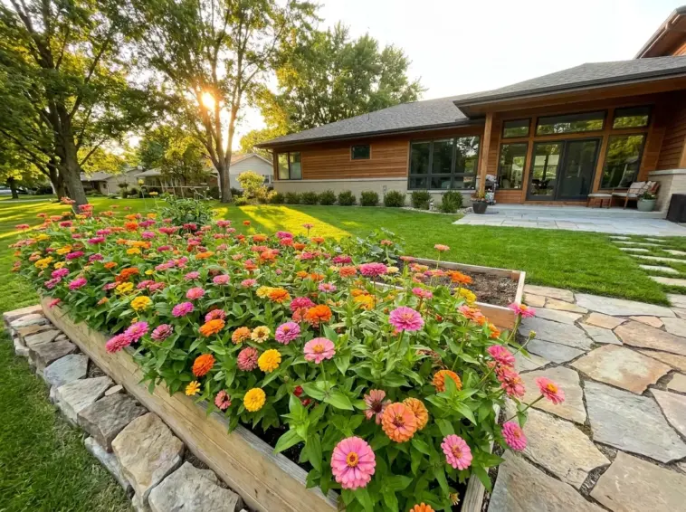 Vibrant heat-tolerant zinnias blooming in a beautifully landscaped summer garden bed.