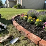 DIY brick garden border under $100 around a flower bed with mulch and reclaimed brick edging
