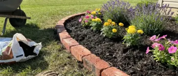 DIY brick garden border under $100 around a flower bed with mulch and reclaimed brick edging