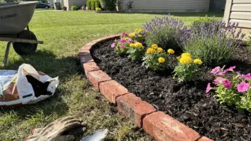 DIY brick garden border under $100 around a flower bed with mulch and reclaimed brick edging