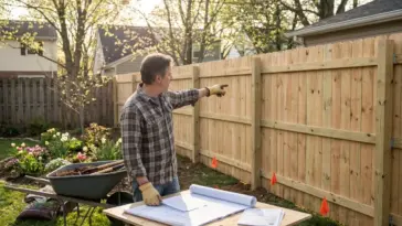 Budget fence with permit plans and utility markings showing how to avoid fence code violations before DIY installation