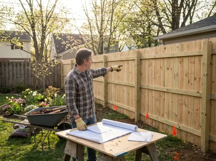 Budget fence with permit plans and utility markings showing how to avoid fence code violations before DIY installation