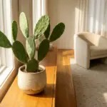 A beautifully styled prickly pear cactus in a modern, sun-drenched living room setting.