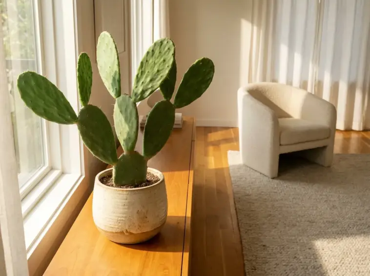 A beautifully styled prickly pear cactus in a modern, sun-drenched living room setting.