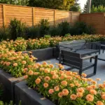 A modern monochromatic zinnia garden layout featuring peach blooms and sleek patio furniture.