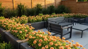 A modern monochromatic zinnia garden layout featuring peach blooms and sleek patio furniture.