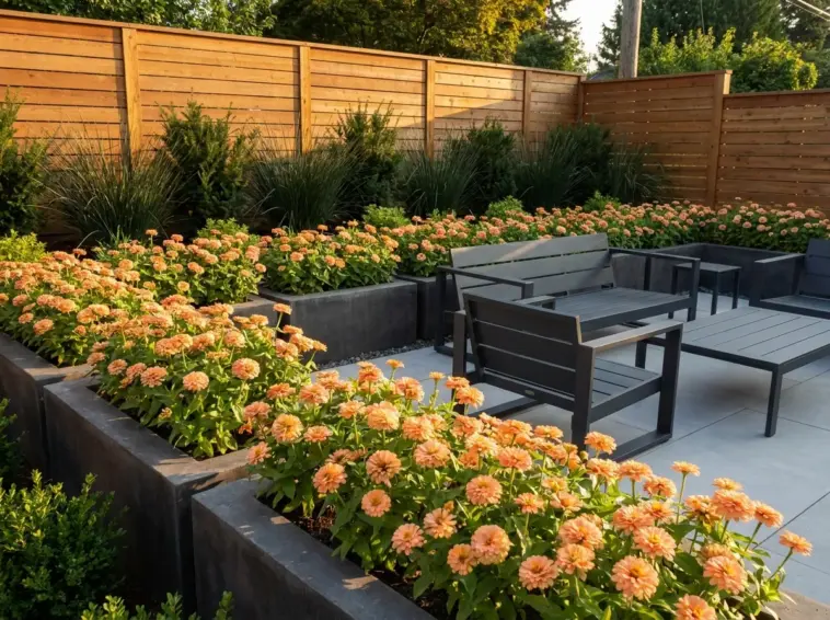 A modern monochromatic zinnia garden layout featuring peach blooms and sleek patio furniture.