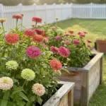A lush and vibrant backyard zinnia cutting garden bed in full summer bloom.
