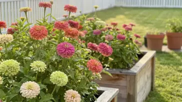 A lush and vibrant backyard zinnia cutting garden bed in full summer bloom.