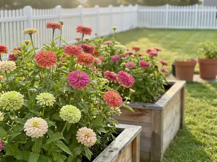 A lush and vibrant backyard zinnia cutting garden bed in full summer bloom.