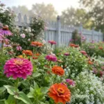 A vibrant pollinator garden bed filled with colorful zinnias, purple coneflowers, and sweet alyssum under soft morning sunlight.