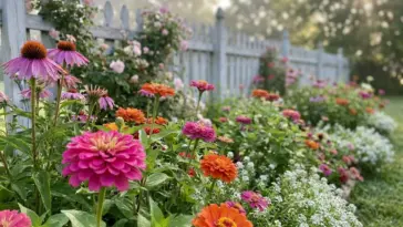 A vibrant pollinator garden bed filled with colorful zinnias, purple coneflowers, and sweet alyssum under soft morning sunlight.