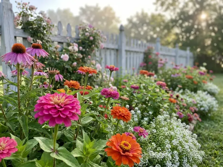 A vibrant pollinator garden bed filled with colorful zinnias, purple coneflowers, and sweet alyssum under soft morning sunlight.