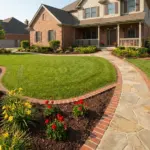 Creative lawn edging brick patterns boosting curb appeal in a landscaped front yard with brick garden borders and flower beds