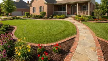 Creative lawn edging brick patterns boosting curb appeal in a landscaped front yard with brick garden borders and flower beds