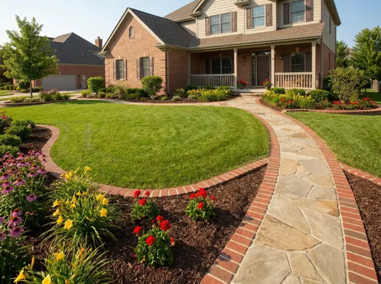 Creative lawn edging brick patterns boosting curb appeal in a landscaped front yard with brick garden borders and flower beds