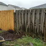 Cheap DIY wood fence rot after two seasons with rotting fence posts, warped pickets, and moisture damage in a backyard