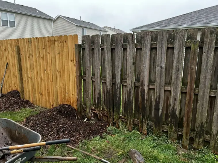 Cheap DIY wood fence rot after two seasons with rotting fence posts, warped pickets, and moisture damage in a backyard
