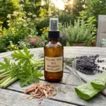 DIY mosquito repellent spray with essential oils and without rubbing alcohol in amber bottle on summer patio