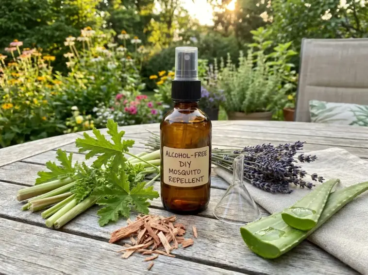 DIY mosquito repellent spray with essential oils and without rubbing alcohol in amber bottle on summer patio
