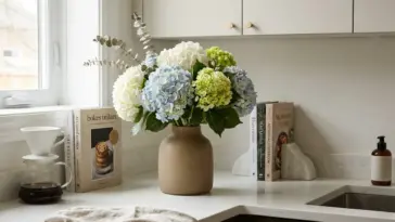 Grocery store hydrangea bouquet styled to look like a designer flower arrangement in a ceramic vase