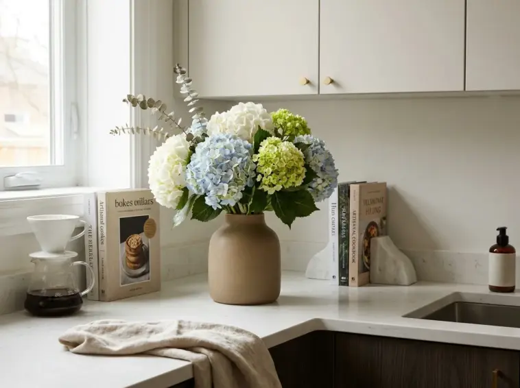 Grocery store hydrangea bouquet styled to look like a designer flower arrangement in a ceramic vase