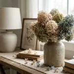 dried hydrangea bouquet in ceramic vase with muted preserved flowers and natural home decor styling