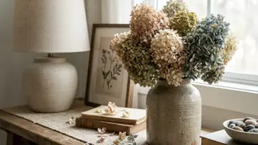 dried hydrangea bouquet in ceramic vase with muted preserved flowers and natural home decor styling