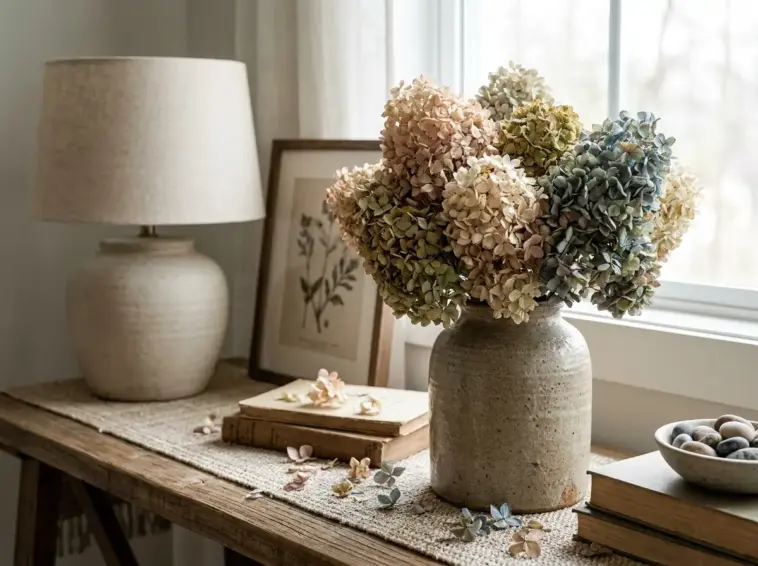 dried hydrangea bouquet in ceramic vase with muted preserved flowers and natural home decor styling
