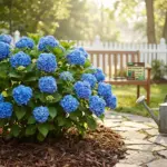 Electric blue hydrangea blooms in a home garden with acidic soil care, mulch, and watering tools for vivid blue flower color