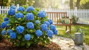 Electric blue hydrangea blooms in a home garden with acidic soil care, mulch, and watering tools for vivid blue flower color