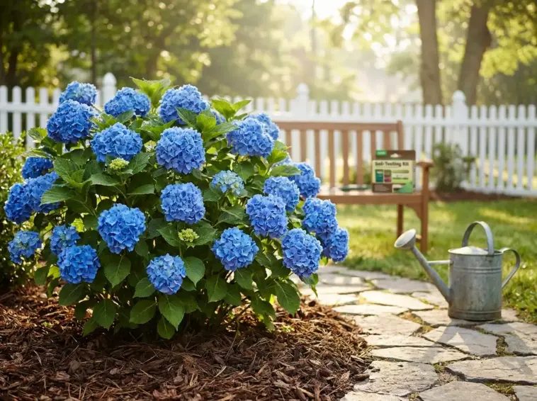 Electric blue hydrangea blooms in a home garden with acidic soil care, mulch, and watering tools for vivid blue flower color