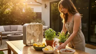 Household mosquito repellent ideas on a summer patio with box fan, lemon cloves, basil, mint, and DIY emergency mosquito repellent setup