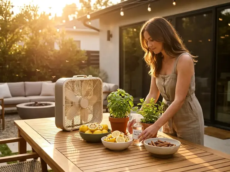 Household mosquito repellent ideas on a summer patio with box fan, lemon cloves, basil, mint, and DIY emergency mosquito repellent setup