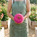 A massive pink Benary's Giant zinnia bloom grown in a backyard garden bed.