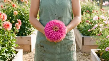 A massive pink Benary's Giant zinnia bloom grown in a backyard garden bed.