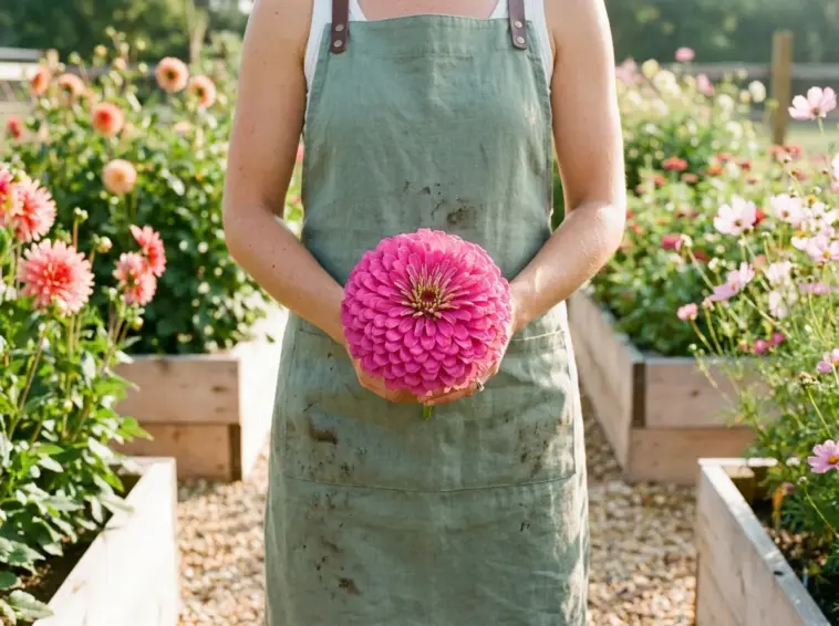 A massive pink Benary's Giant zinnia bloom grown in a backyard garden bed.