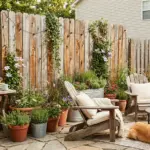 DIY cedar fence picket hack backyard makeover one year later with budget privacy screen and planters