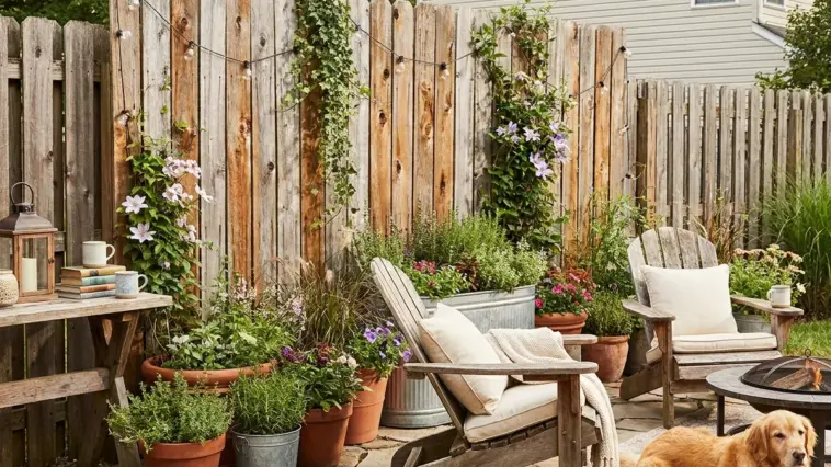 DIY cedar fence picket hack backyard makeover one year later with budget privacy screen and planters