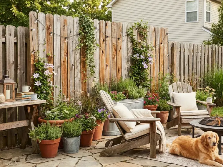 DIY cedar fence picket hack backyard makeover one year later with budget privacy screen and planters