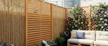 DIY privacy fence ideas under $200 in a stylish backyard with lattice, bamboo, slat screen, and budget-friendly patio privacy