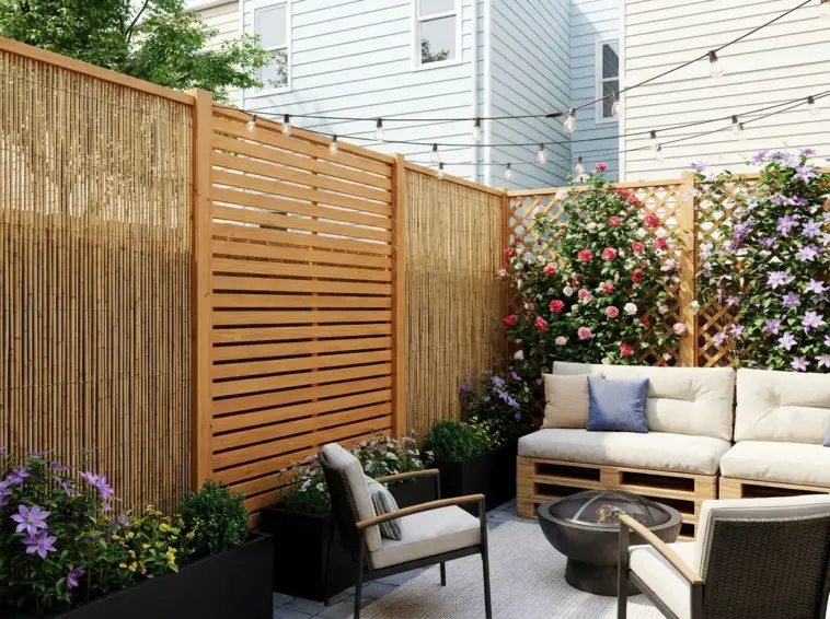 DIY privacy fence ideas under $200 in a stylish backyard with lattice, bamboo, slat screen, and budget-friendly patio privacy