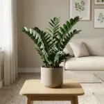 A vibrant and glossy ZZ plant standing on a wooden side table in a bright, modern minimalist apartment living room.