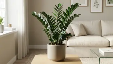 A vibrant and glossy ZZ plant standing on a wooden side table in a bright, modern minimalist apartment living room.